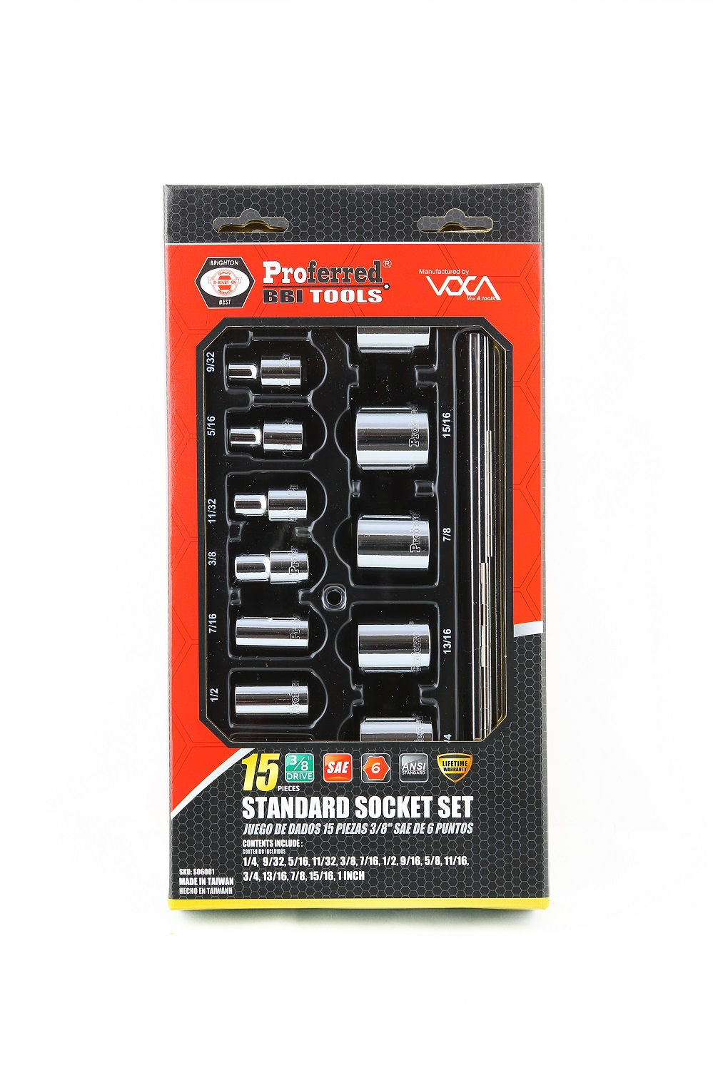 PROFERRED SOCKET SET SAE 3/8'' DRIVE 6 POINT 15 PIECE